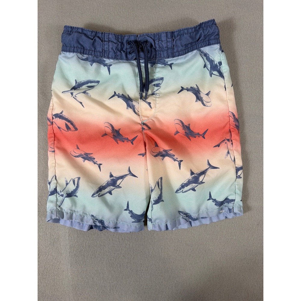 Kids Shark Print Ombre Swim Trunks Blue Orange‎ Sunset Board Shorts